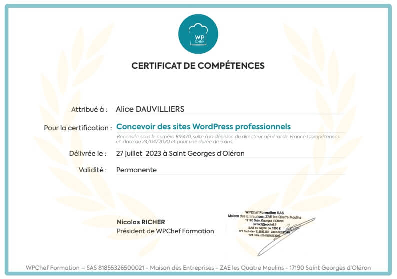 Certificat de compétences WordPress d'Alice Dauvilliers