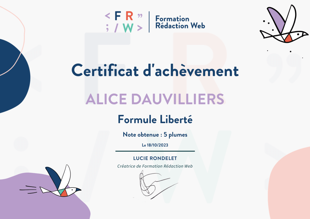 Certificat d'achèvement Formation rédaction web de Alice Dauvilliers