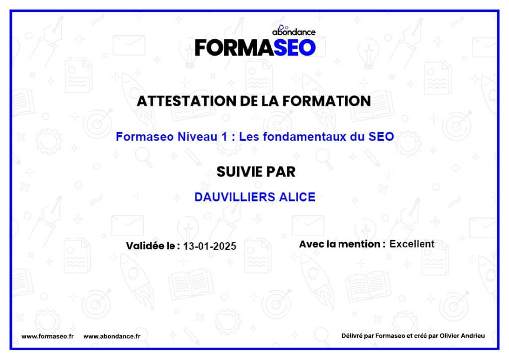 Attestation de formation Formaseo obtenue par Alice Dauvilliers